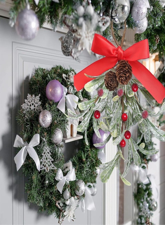Teircno Christmas Artificial Mistletoe Ornament with Red Bow Snowy Red Berries Christmas Hanging Mistletoe Decorations Bouquet Floral Natural Pine Cones Holiday Decoration Ornament Bouquet - Image 4